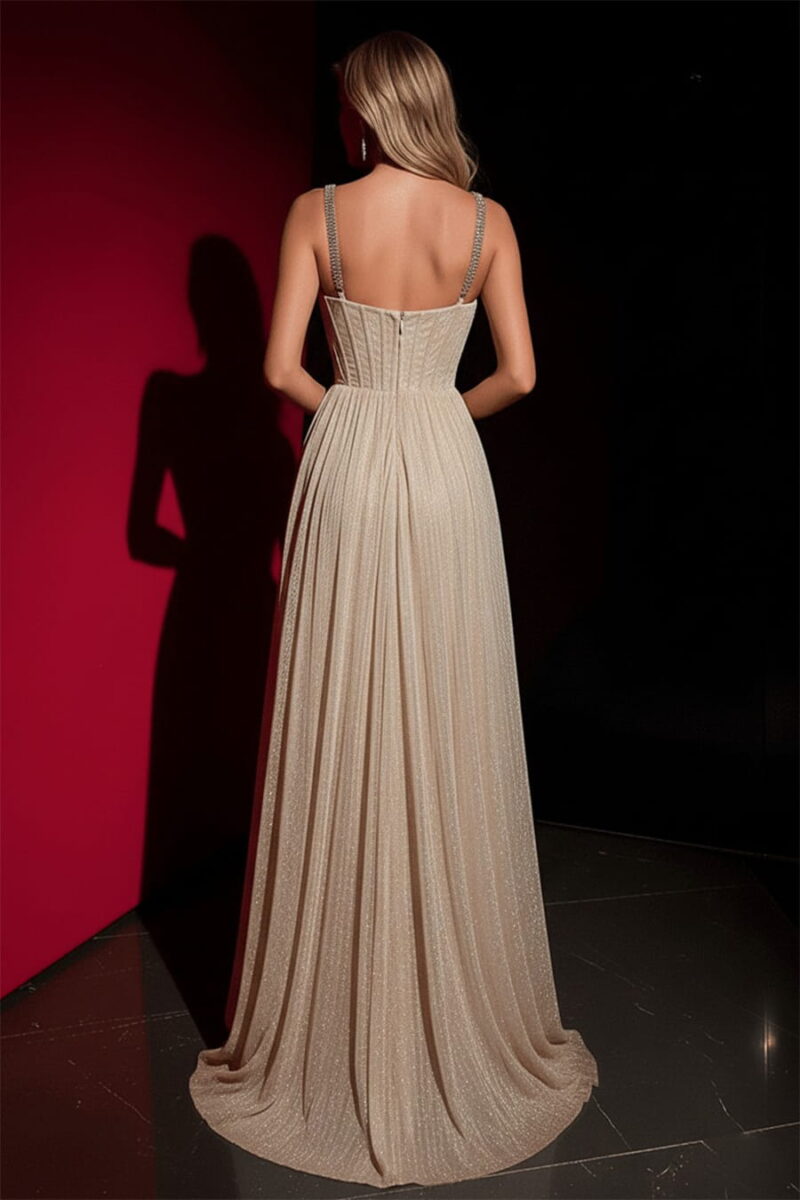 Champagne Metallic Pleated Gown with High Slit and Embellished Straps