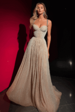 Champagne Metallic Pleated Gown with High Slit and Embellished Straps