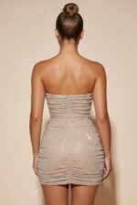 Champagne Rhinestone Strapless Ruched Tulle Bodycon Party Dress