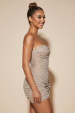 Champagne Rhinestone Strapless Ruched Tulle Bodycon Party Dress