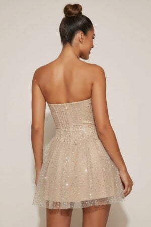 Champagner Glitzer Strass trägerloses Korsett Tüll Partykleid