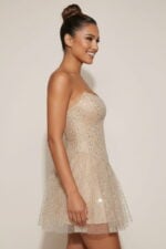 Champagner Glitzer Strass trägerloses Korsett Tüll Partykleid