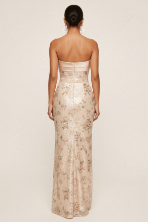 Trägerloses Maxikleid mit floralem Paillettenmuster Säulenabendkleid