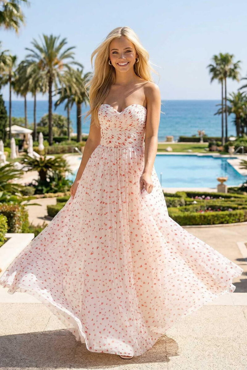 Vestido de novia en A de tul color crema con flocado de corazones rojos Vestido de novia en A de tul color crema con flocado de corazones rojos