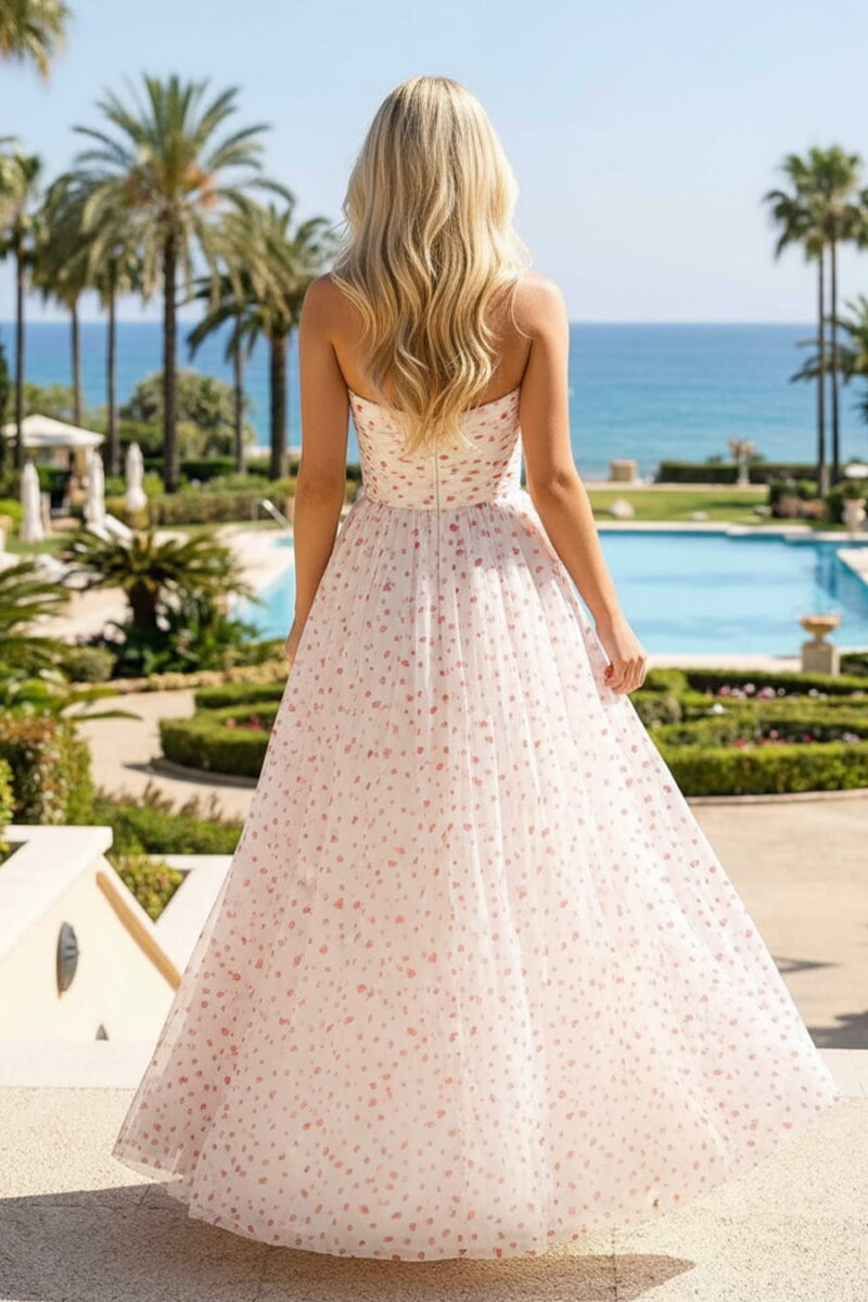 Vestido de novia en A de tul color crema con flocado de corazones rojos