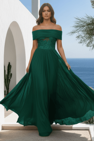 Dark Green Off-the-Shoulder Chiffon Gown with Lace Waistband