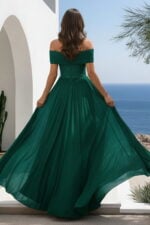 Dark Green Off-the-Shoulder Chiffon Gown with Lace Waistband