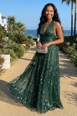 Dark Green Sparkle Chiffon Halter Backless Maxi Dress