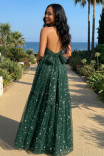 Robe longue dos nu en mousseline étincelante vert foncé