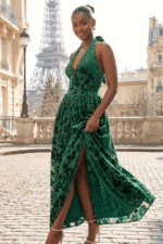 Dark Green Halter Midi Dress in Floral Burnout Velvet