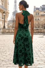Dark Green Halter Midi Dress in Floral Burnout Velvet