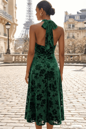 Dunkelgrünes Halfter-Midi-Dress aus floralem Ausbrenner-Samt