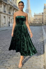 Dark Green Strapless Velvet Midi Dress with Floral Burnout