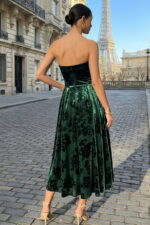 Dark Green Strapless Velvet Midi Dress with Floral Burnout