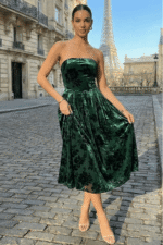 Dark Green Strapless Velvet Midi Dress with Floral Burnout