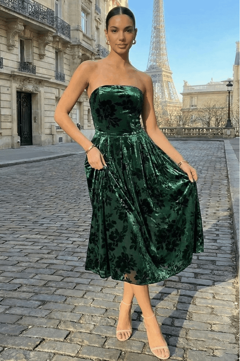 Dark Green Strapless Velvet Midi Dress with Floral Burnout