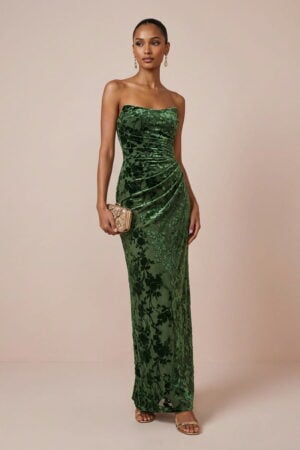 Dark Green Burnout Velvet Strapless Wedding Guest Dress