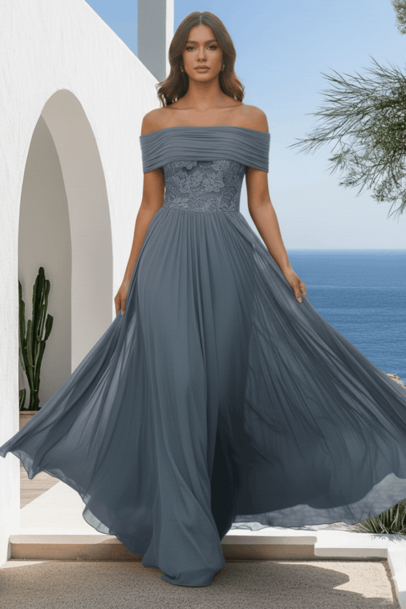 Dusty Blue Off-the-Shoulder Chiffon Gown with Lace Waistband Dusty Blue Off-the-Shoulder Chiffon Gown with Lace Waistband
