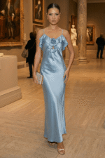 Dusty Blue Slip Maxi Dress with Rosette and Ruffle Detail