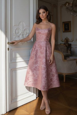 Jacquard A-Line Midi Dusty Pink Dress with Pockets Jacquard A-Line Midi Dusty Pink Dress with Pockets