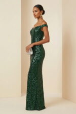 Emerald Green Sequin Off The Shoulder Sheath Evening Dress