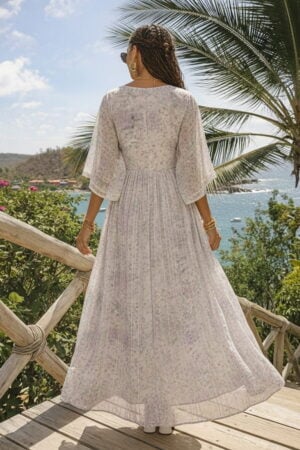 Floral Print Chiffon V-Neck Maxi Boho Dress with Bell Sleeves