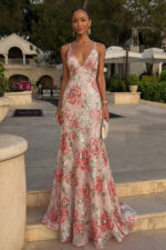 Floral Print Sequin V-Neck Spaghetti Strap A-line Black Tie Dress