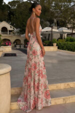 Floral Print Sequin V-Neck Spaghetti Strap A-line Black Tie Dress