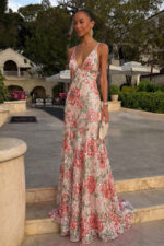 Floral Print Sequin V-Neck Spaghetti Strap A-line Black Tie Dress