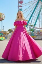 Fuchsia Taffeta Off-the-Shoulder Ball Gown with Puff Sleeves