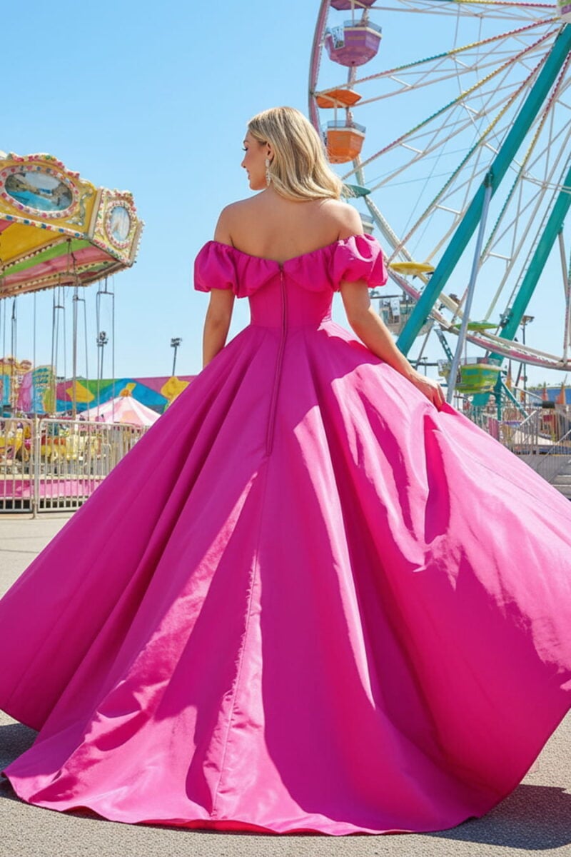 Fuchsia Taffeta Off-the-Shoulder Ball Gown with Puff Sleeves