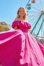Fuchsia Taffeta Off-the-Shoulder Ball Gown with Puff Sleeves