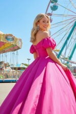 Fuchsia Taffeta Off-the-Shoulder Ball Gown with Puff Sleeves