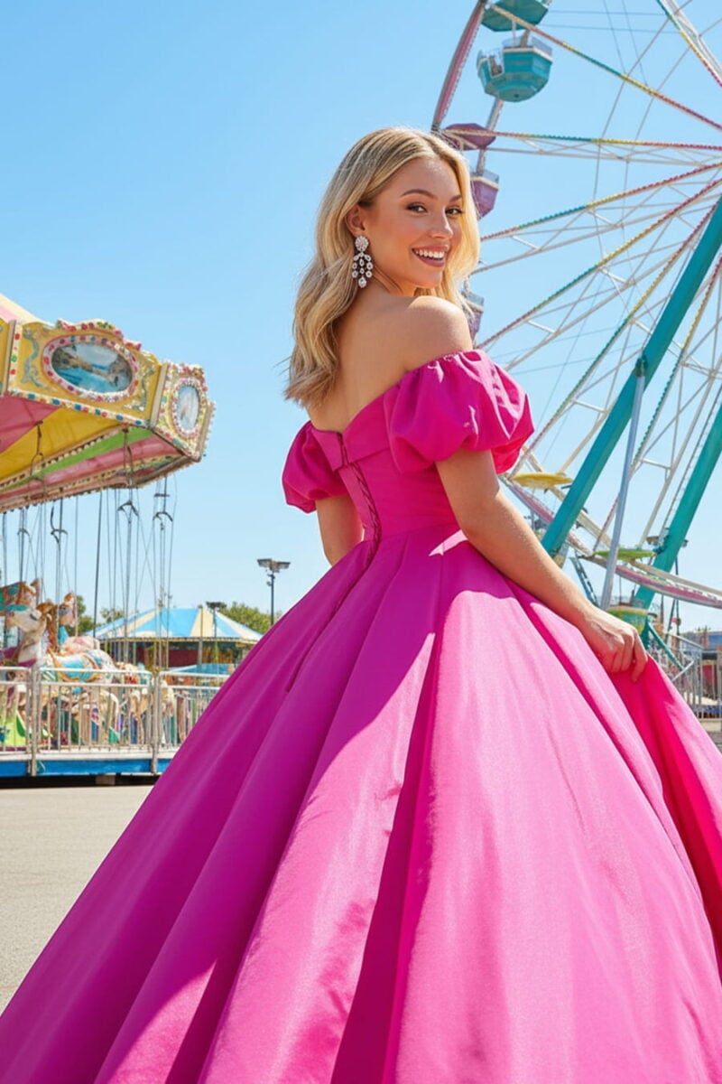 Fuchsia Taffeta Off-the-Shoulder Ball Gown with Puff Sleeves