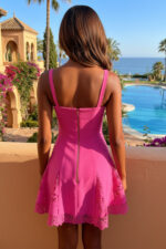 Mini vestido sin mangas fucsia con dobladillo de encaje festoneado