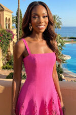 Mini vestido sin mangas fucsia con dobladillo de encaje festoneado