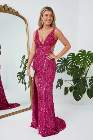 Fuchsia Sequin Embroidery V-neck Sheath Prom Dress with Cut-out Waist