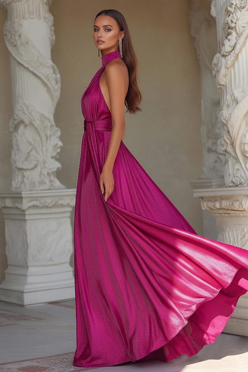 Fuchsia Satin Halter Gown with Plunging V-Neck and Sash Waist