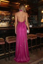 Fuchsia Satin Halter Gown with Plunging V-Neck and Sash Waist