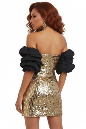 Goldfarbenes Metallic-Pailletten-Minikleid mit kontrastfarbenen Puffärmeln