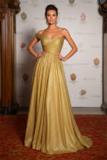 Gold One-Shoulder Glitter A-Line Gown with High Slit and Ruched Bodice