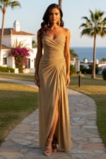 Gold Glitter Sweetheart Slit Sheath Maxi Dress
