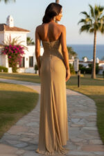 Gold Glitter Sweetheart Slit Sheath Maxi Dress