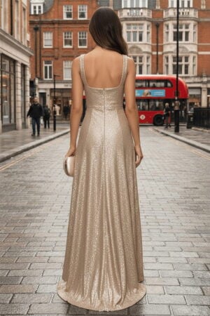 Gold Sequin Square-Neck Maxi Dress with Lace-Up Back