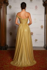 Gold One-Shoulder Glitter A-Line Gown with High Slit and Ruched Bodice