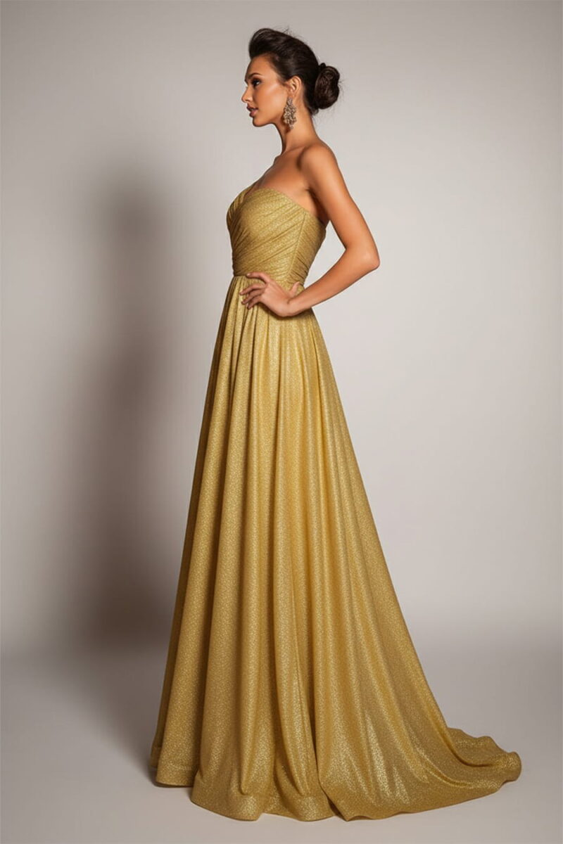 Gold One-Shoulder Glitter A-Line Gown with High Slit and Ruched Bodice