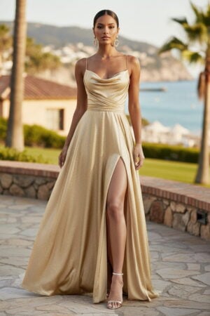 Gold Charmeuse Cowl Neck Spaghetti Strap Slit Maxi Dress