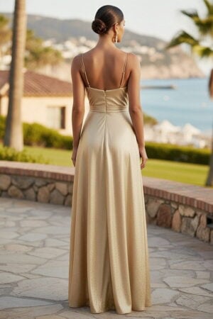 Gold Charmeuse Cowl Neck Spaghetti Strap Slit Maxi Dress