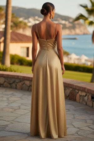 Goldfarbenes Charmeuse-Kuhlausschnitt-Spaghettiträger-Maxikleid mit Schlitz