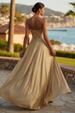 Gold Charmeuse Cowl Neck Spaghetti Strap Slit Maxi Dress